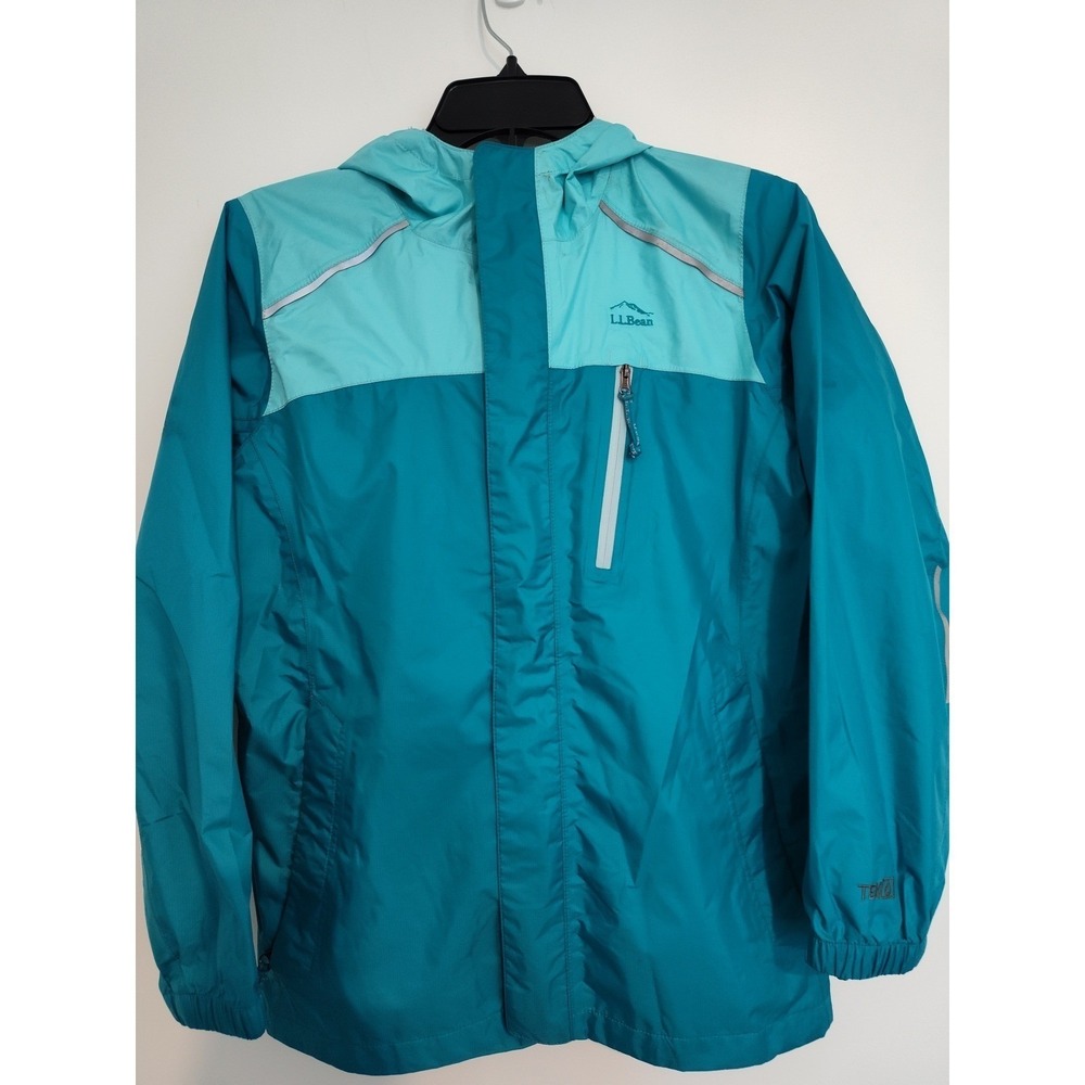 LL Bean Kids Trail Model Rain Jacket Teal Aqua Blue Hooded Shell L 14-16 506502